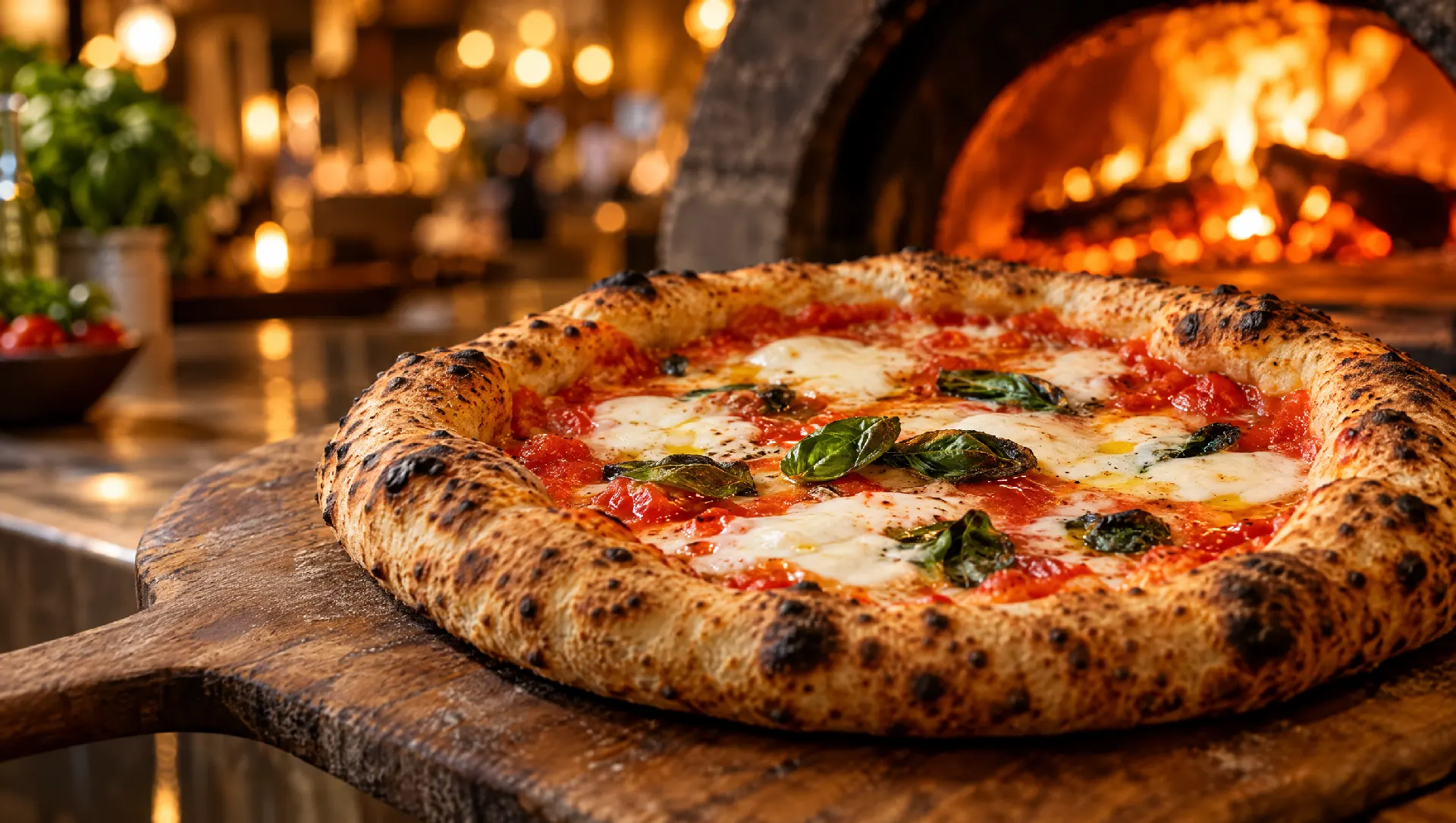 Una pizza margherita con il cornicione alto su una pala davanti al forno a legna