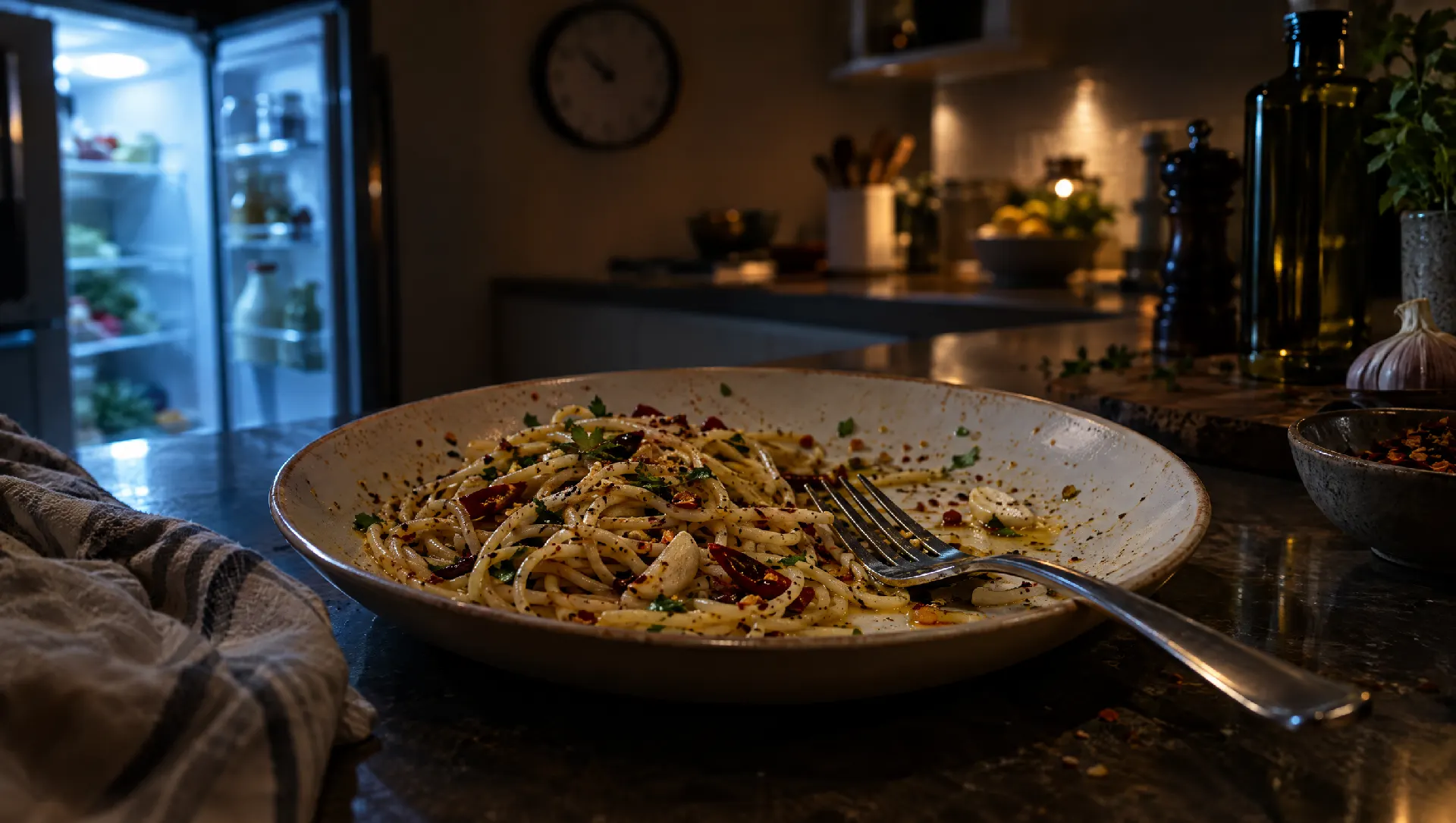 Un piatto di spaghetti aglio, olio e peperoncino mezzo mangiato in cucina di notte