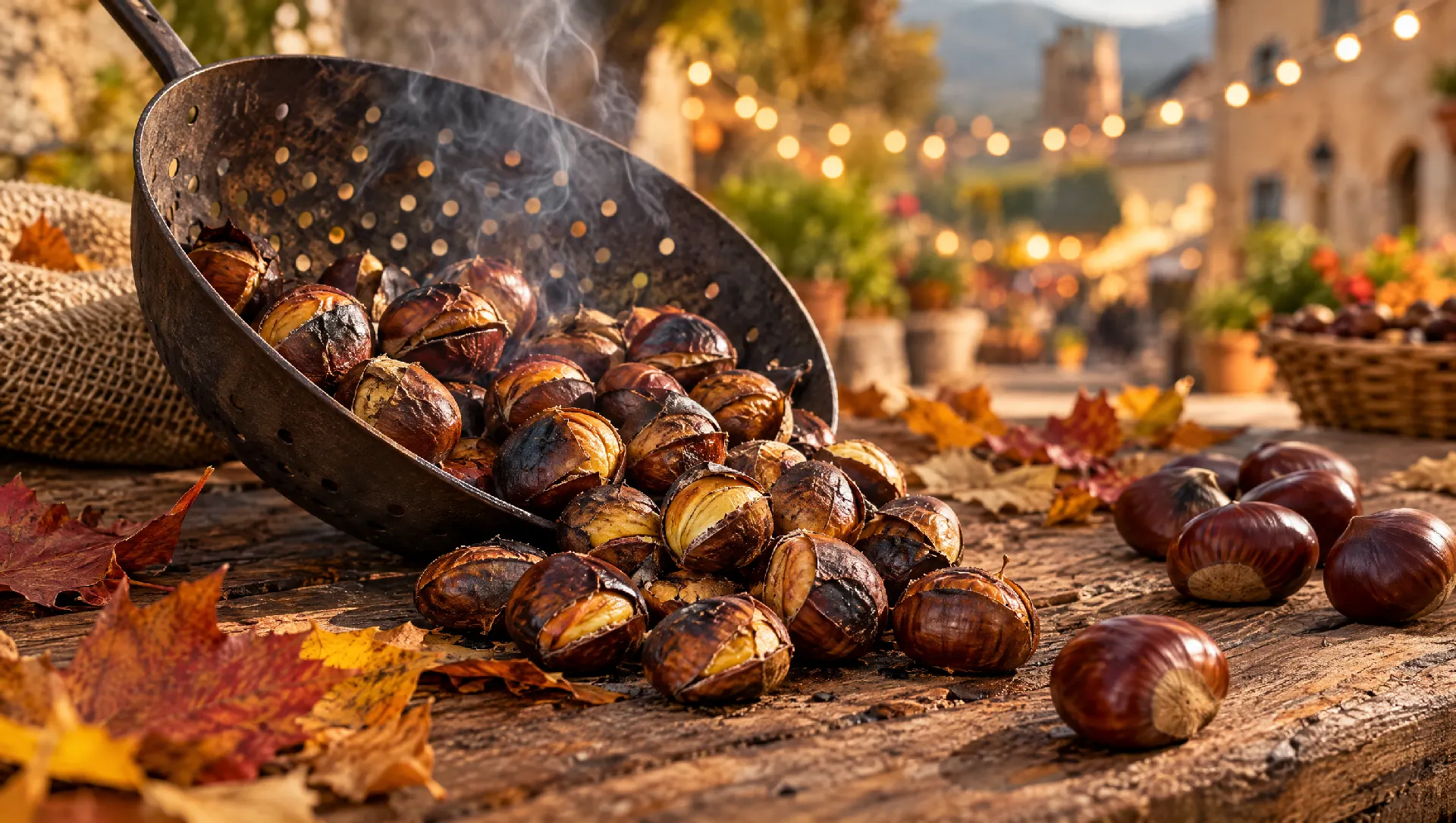 Castagne arrostite che escono da una padella forata su un tavolo di legno con foglie d'autunno