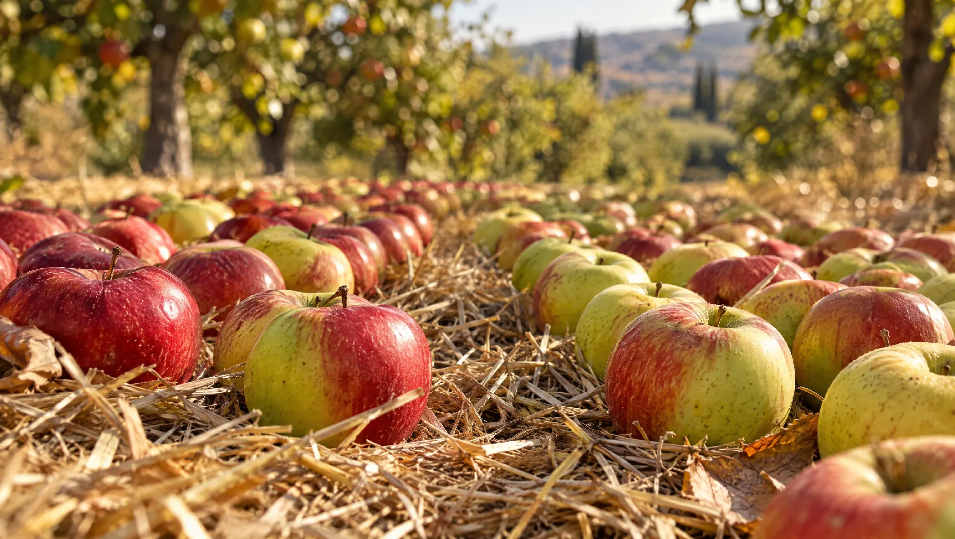Mele rosse e verdi stese a terra sulla paglia a maturare al sole