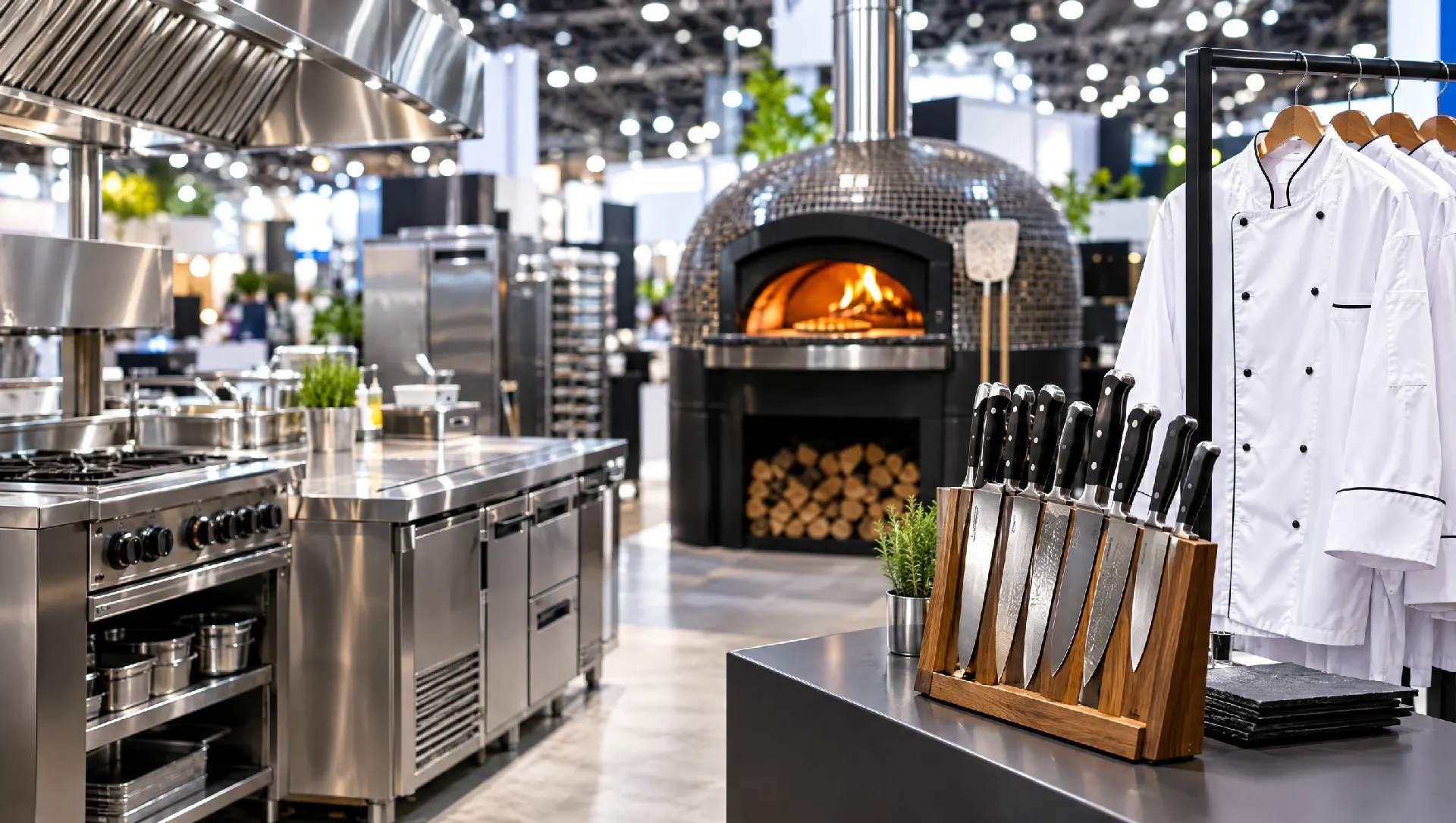 Attrezzature professionali da cucina e un forno per pizza esposti in fiera