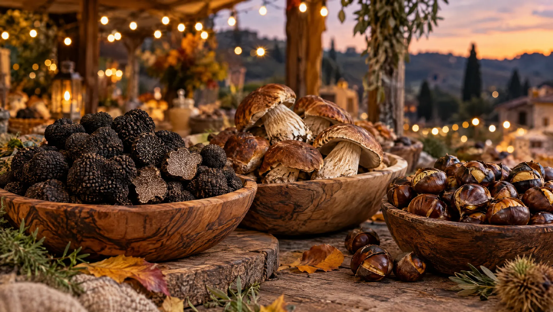 Un banco di sagra autunnale con tartufi neri, porcini e caldarroste al tramonto