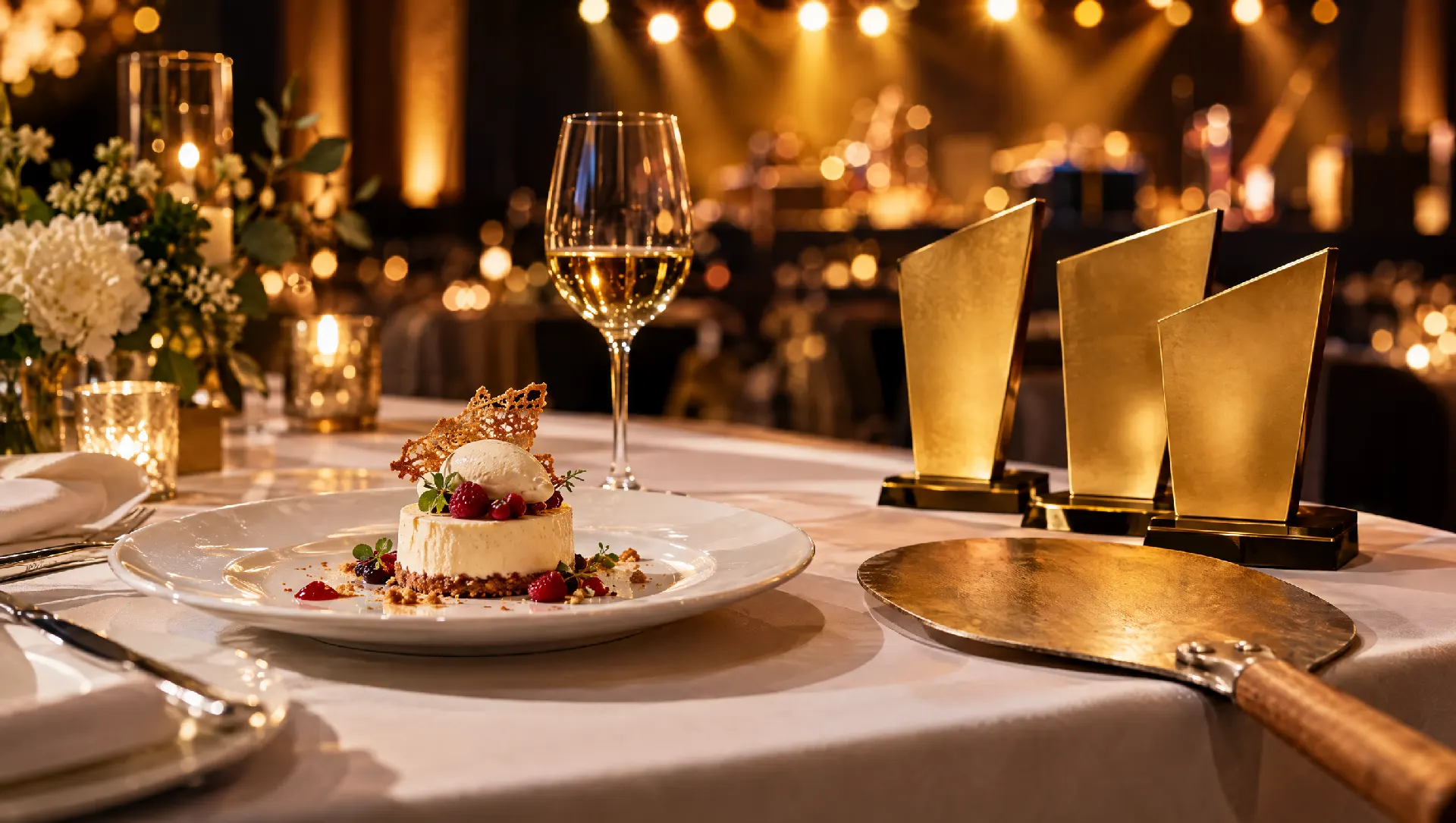 Una tavola di gala con un dessert, una pala da pizza, un calice e targhe dorate