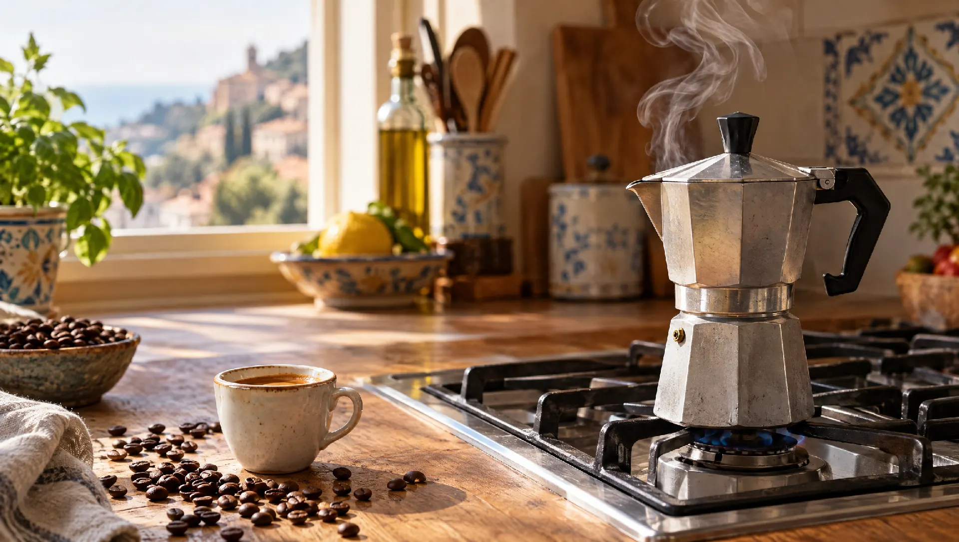 Una moka sul fornello con il vapore che sale, una tazzina e chicchi di caffè