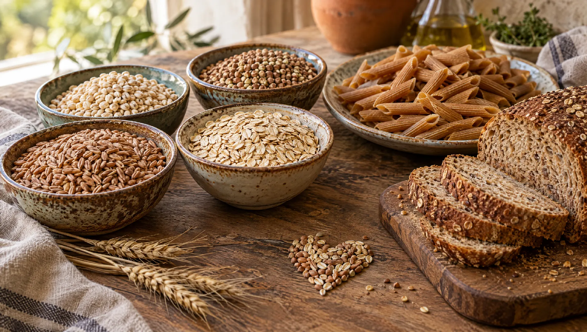 Ciotole di cereali integrali, pasta e pane integrale con alcuni chicchi a forma di cuore