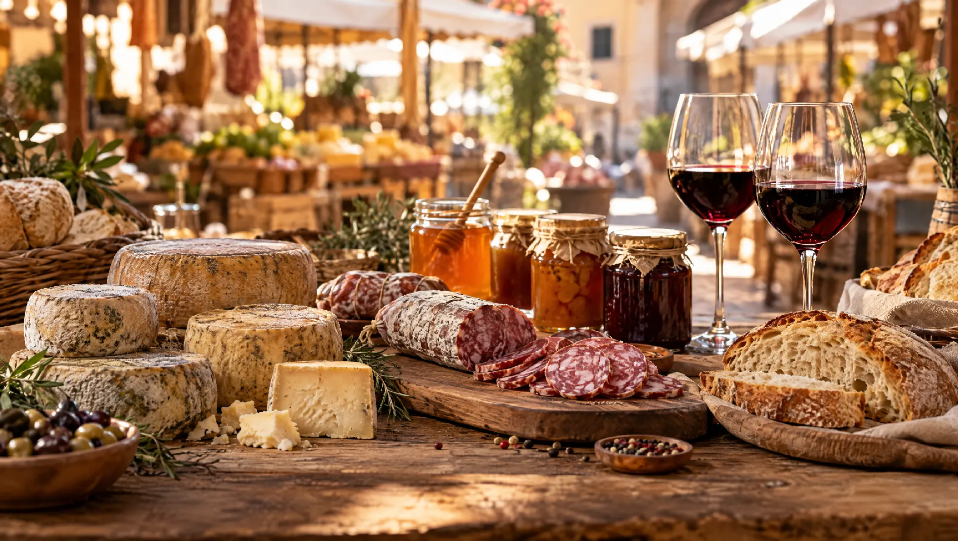 Formaggi stagionati, salumi affettati, vasetti di miele e calici di vino rosso su un tavolo di legno, con bancarelle sfocate sullo sfondo