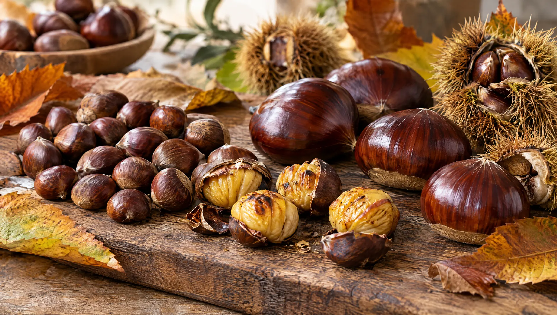 Castagne e marroni a confronto su un tagliere, alcuni arrostiti, con ricci aperti