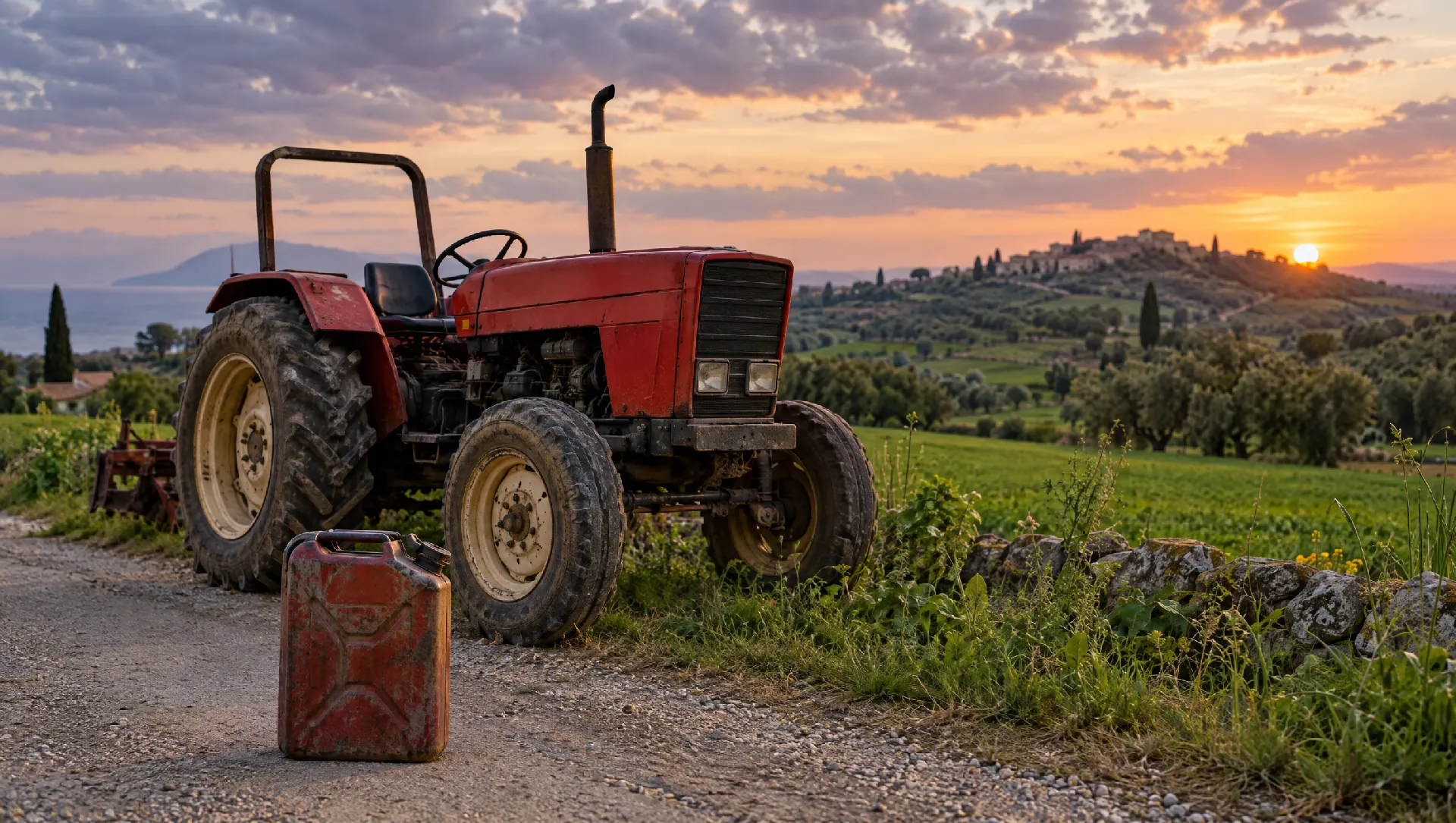 Un trattore rosso fermo all'alba ai bordi dei campi con una tanica di carburante