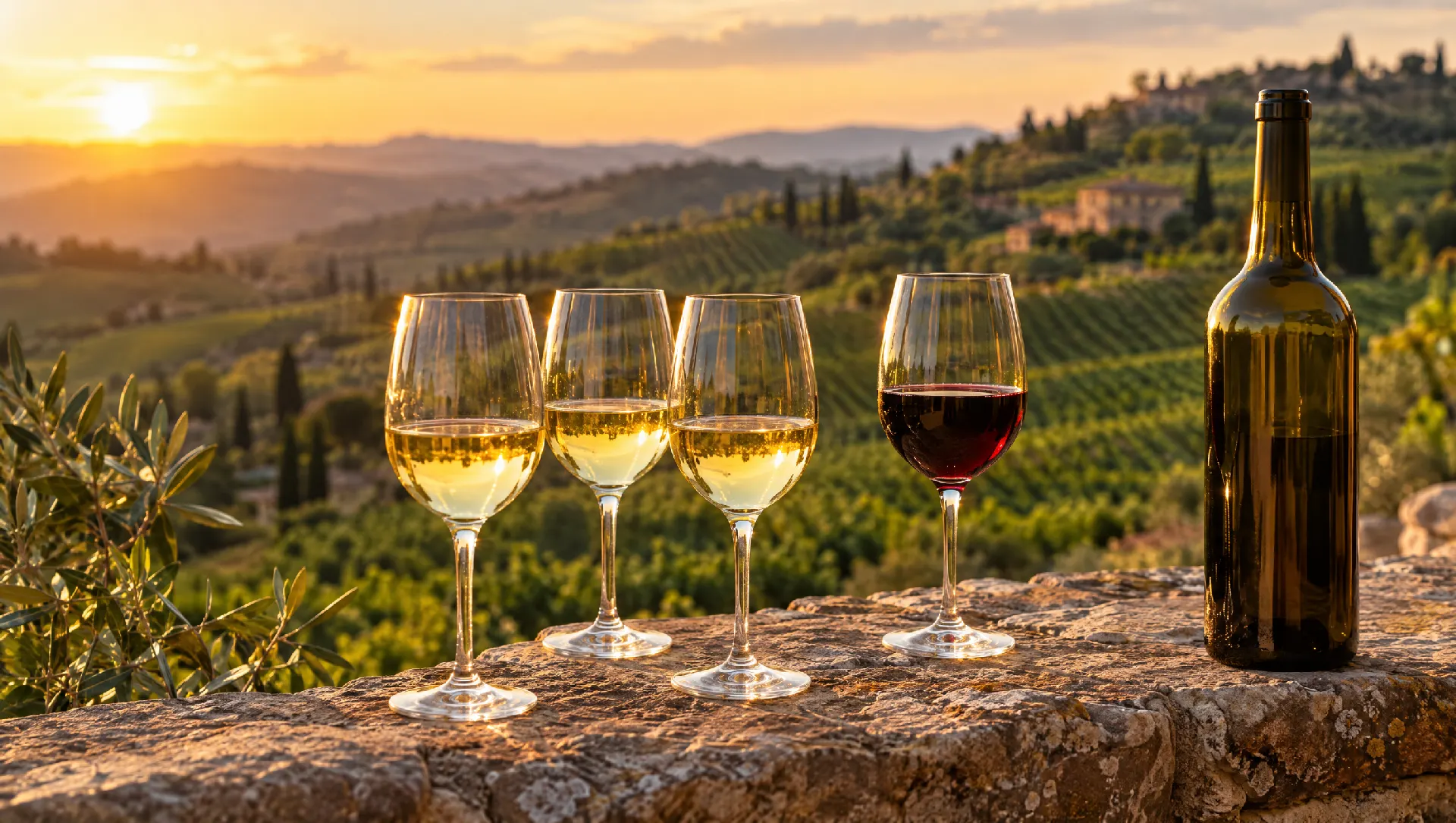 Calici di vino bianco e rosso su un muretto davanti a colline di vigneti