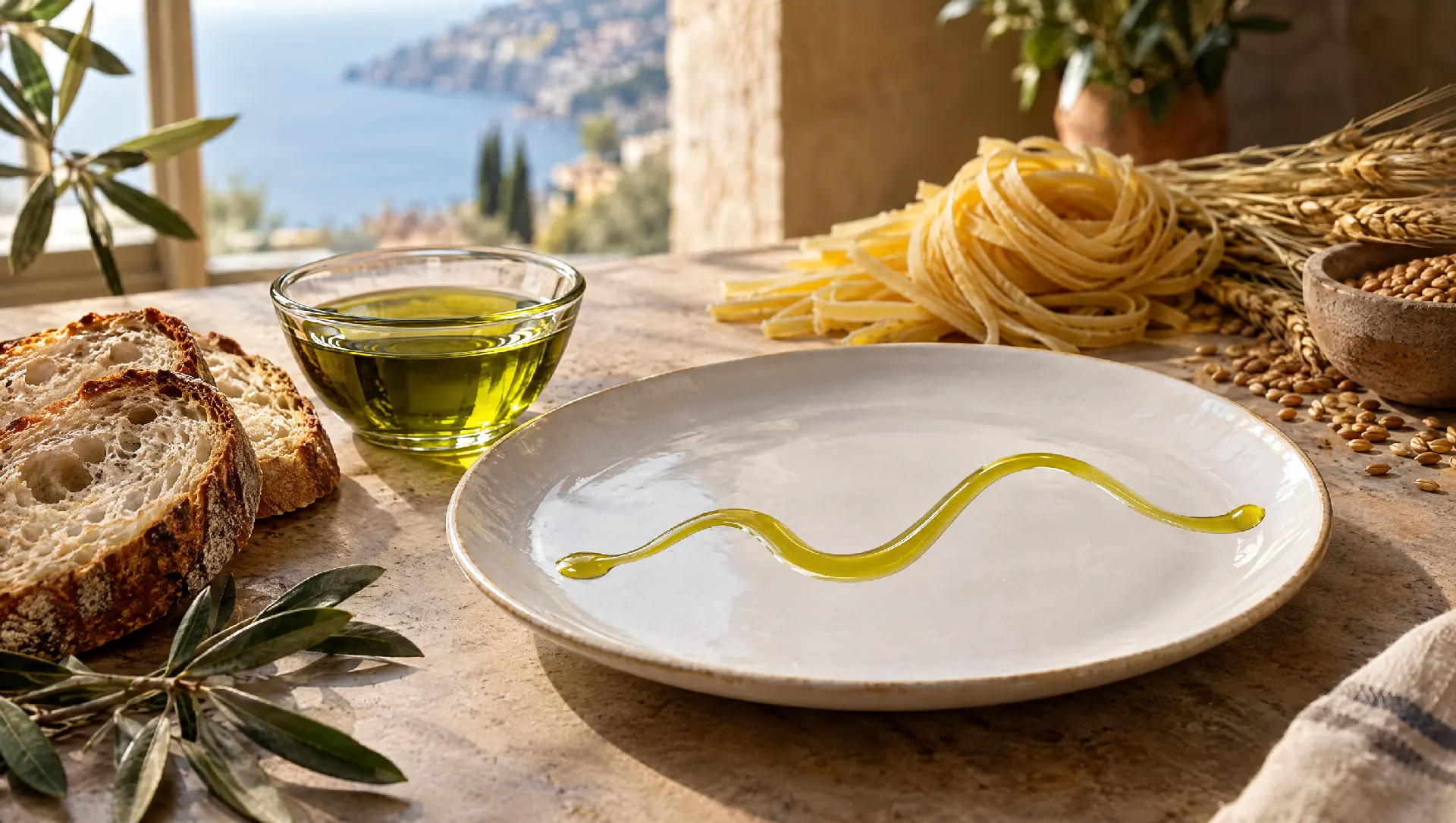 Una ciotola di olio extravergine con pane e pasta, e un filo d'olio che disegna una curva