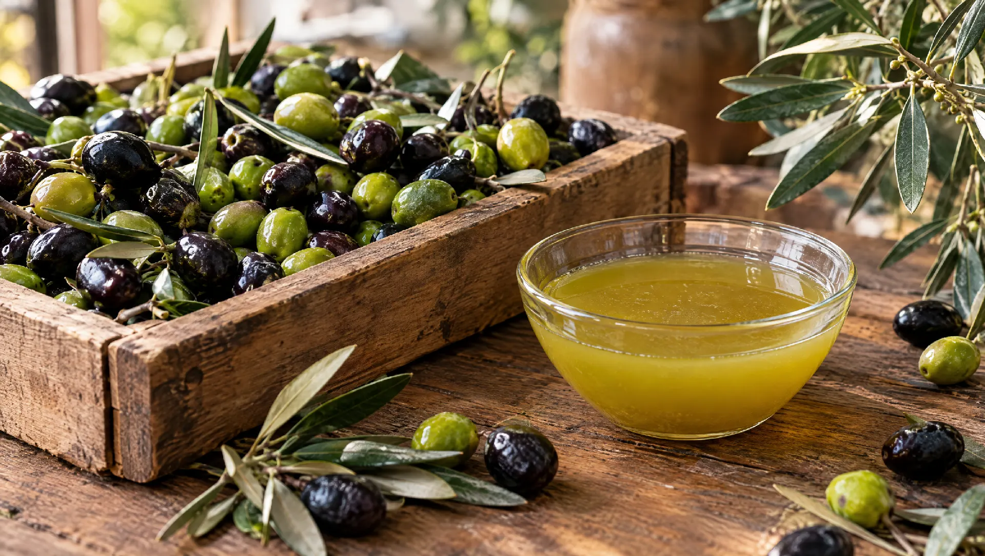 Olive verdi e nere appena raccolte in una cassetta accanto a una ciotola di olio nuovo