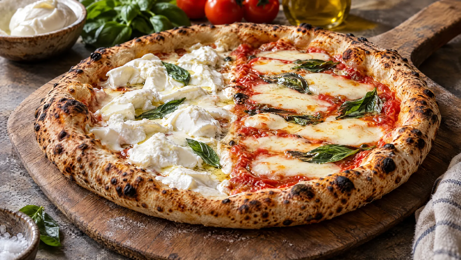 Pizza margherita divisa a metà: da un lato mozzarella di bufala a pezzi, dall'altro fiordilatte fuso a listelli