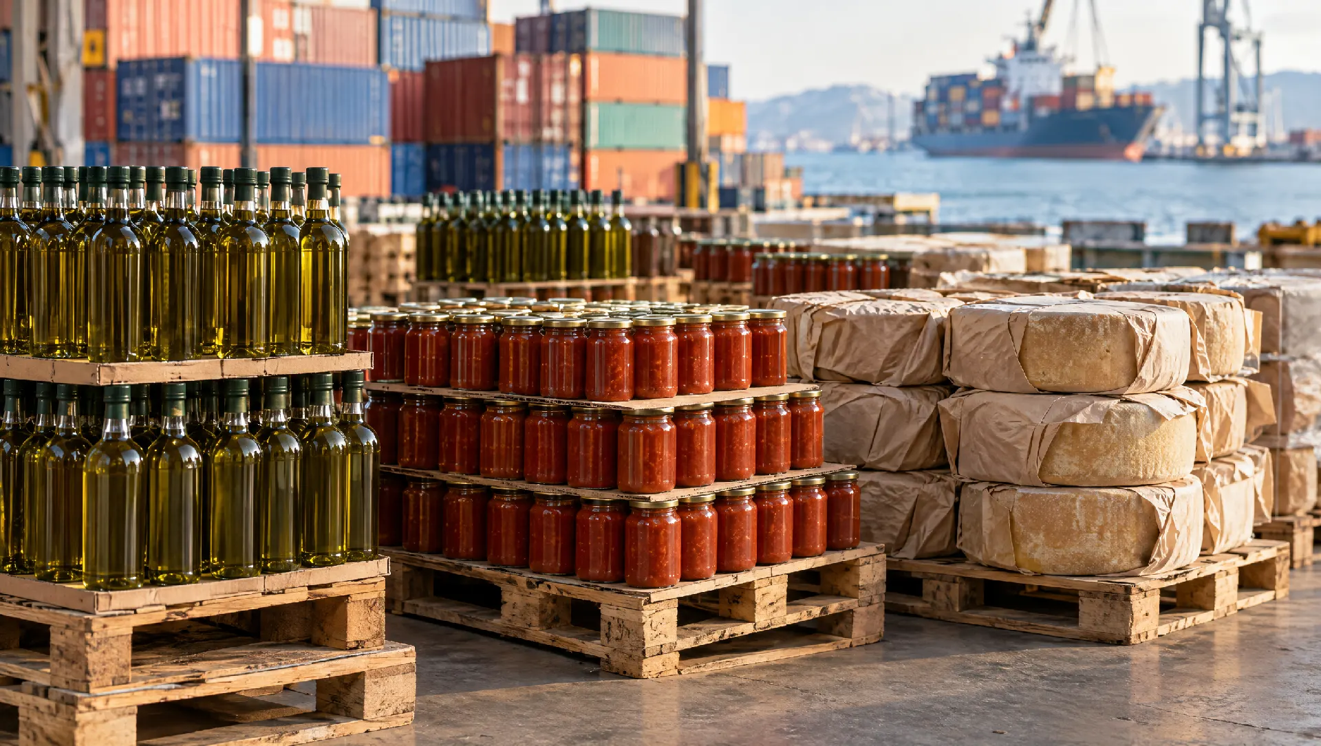 Bancali di olio, passate e formaggi pronti per l'export in un magazzino del porto