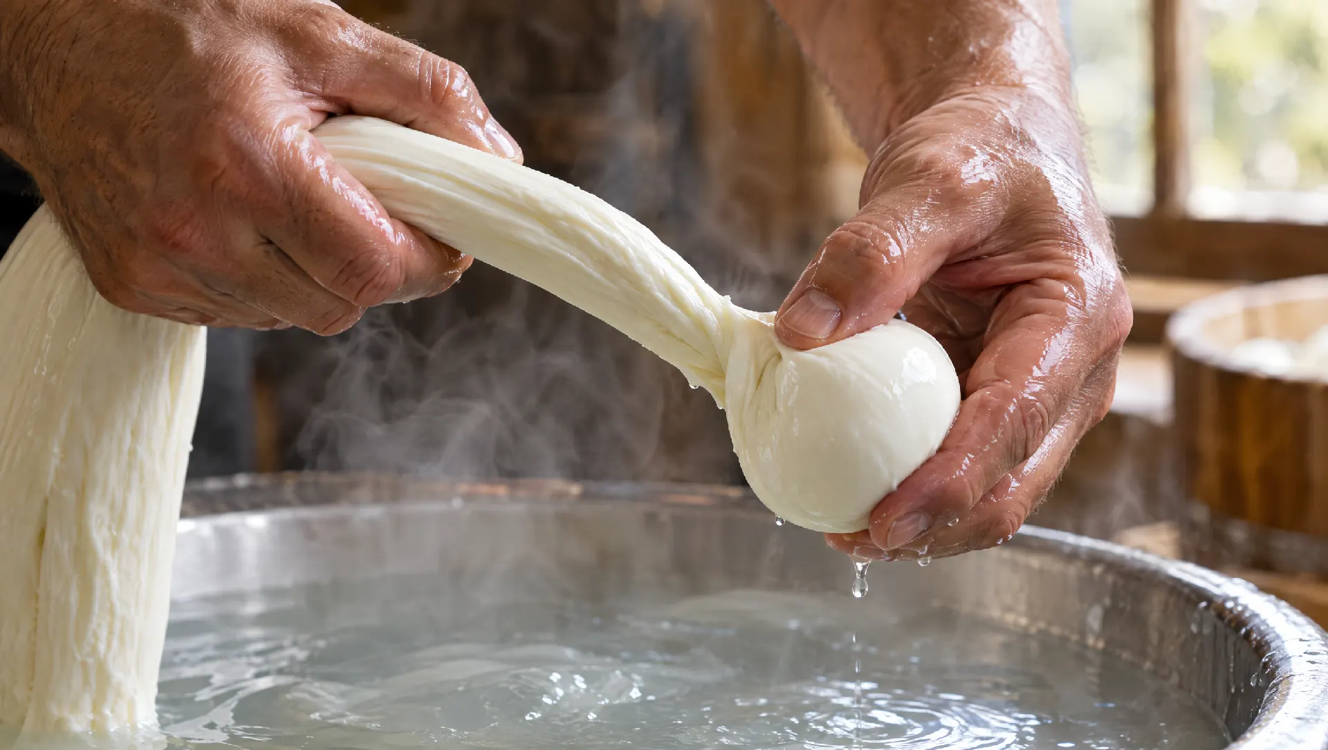 Le mani di un casaro che staccano una pallina di pasta filata