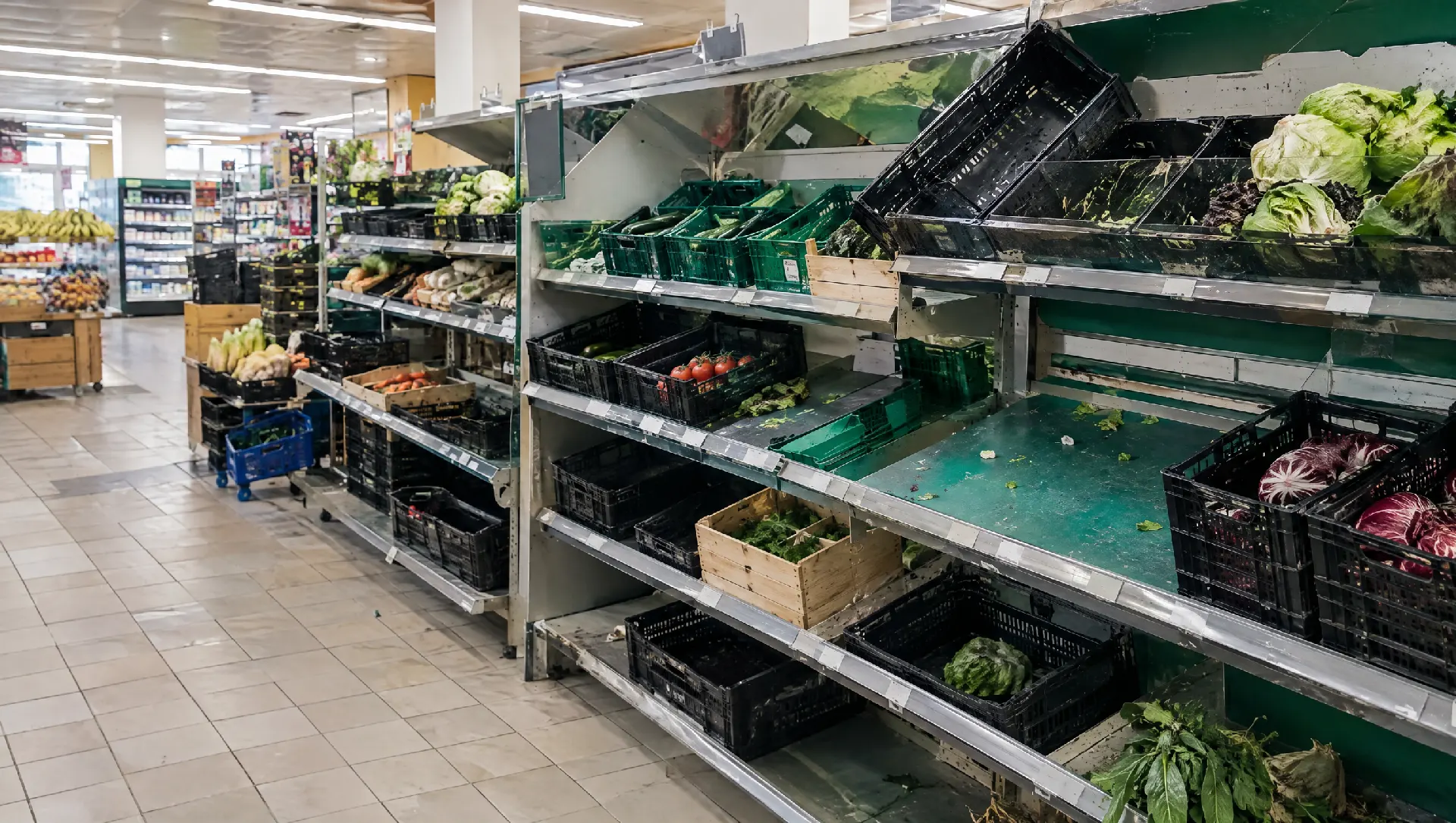 Scaffali di frutta e verdura semivuoti in un supermercato, con cassette vuote