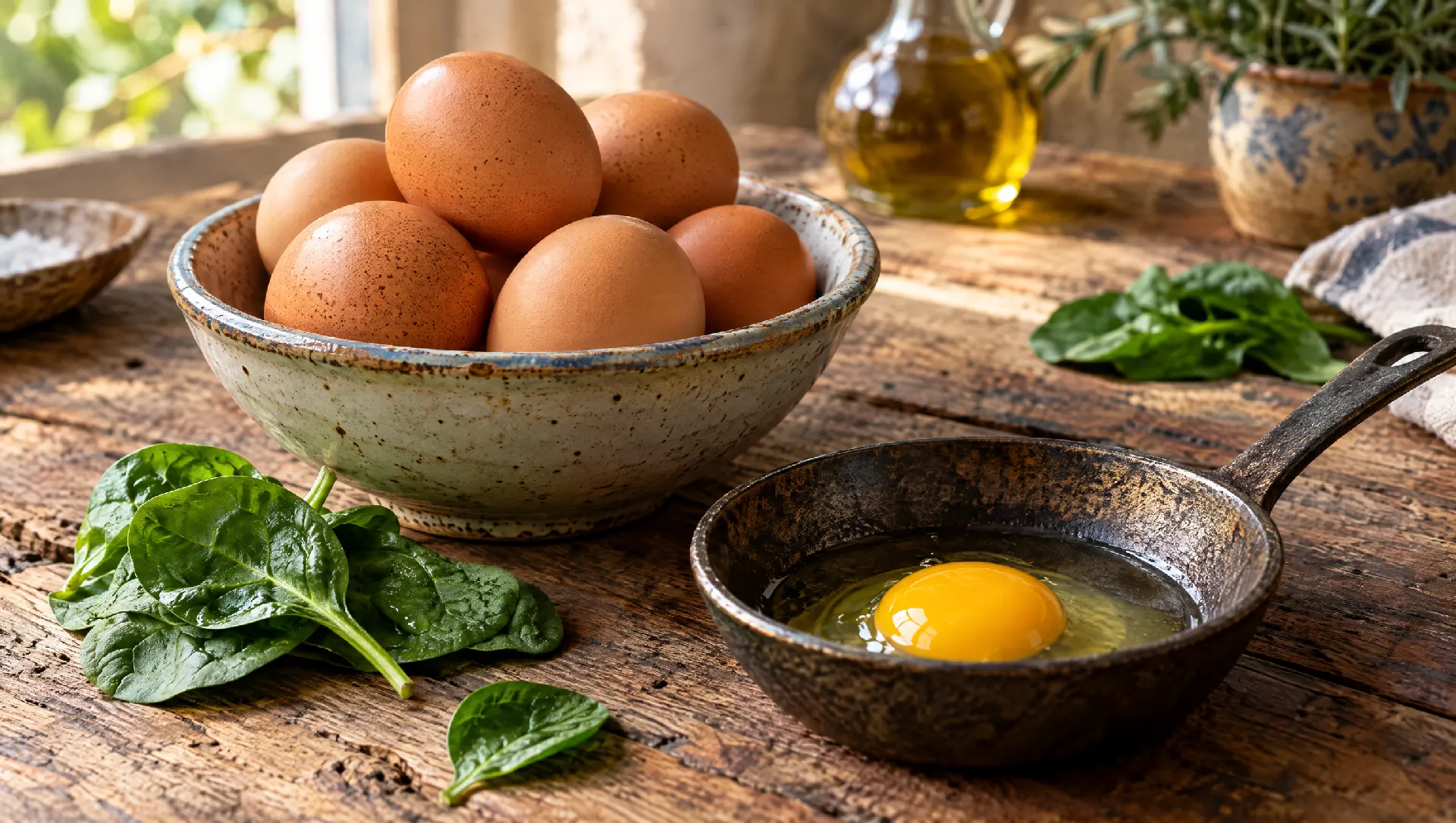 Uova fresche in una ciotola di ceramica e un uovo all'occhio di bue in padella su un tavolo di legno