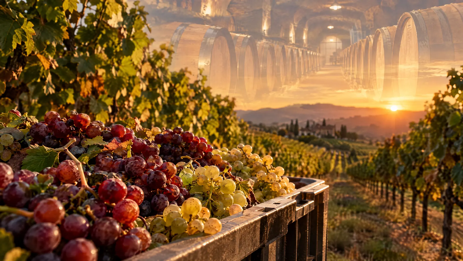 Grappoli d'uva appena vendemmiati tra i filari al tramonto