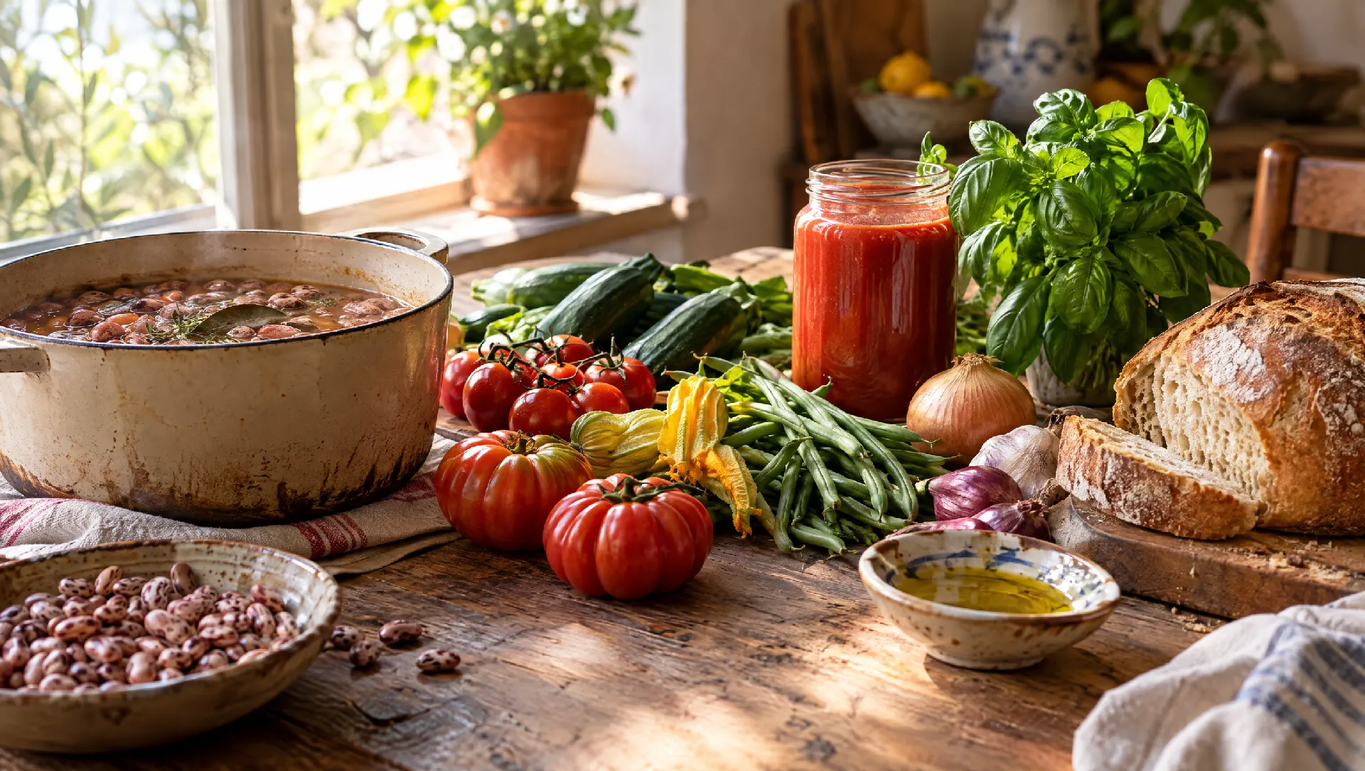 Un tavolo di cucina con fagioli, verdure di stagione, passata fatta in casa e pane
