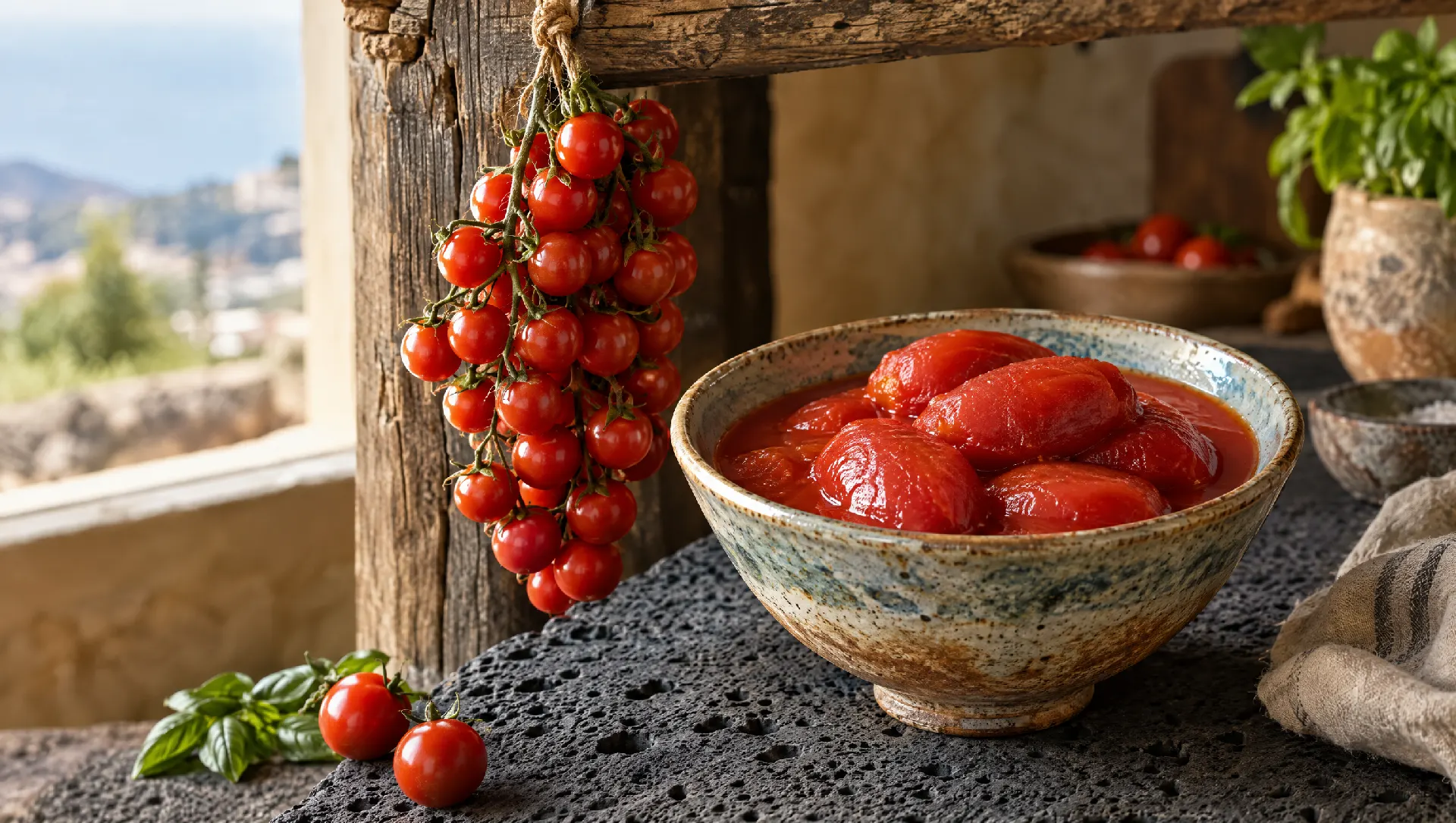 Un grappolo di pomodorini appeso a una trave accanto a una ciotola di pomodori pelati
