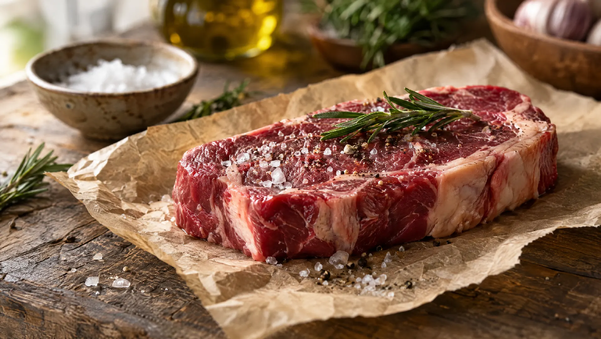 Una bistecca di manzo cruda su carta da macellaio con rosmarino e sale grosso